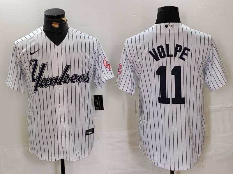 Mens New York Yankees #11 Anthony Volpe White Pinstripe Fashion Cool Base Jersey